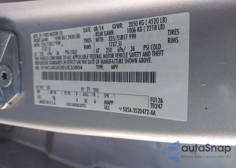 2014 Ford Escape Se z USA, uszkodzony, nr VIN 1FMCU0GX3EUE33604